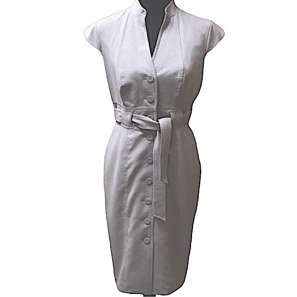Marvin Richards light grey button down short cap sleeve belted midi dress EUC - Picture 16 of 16